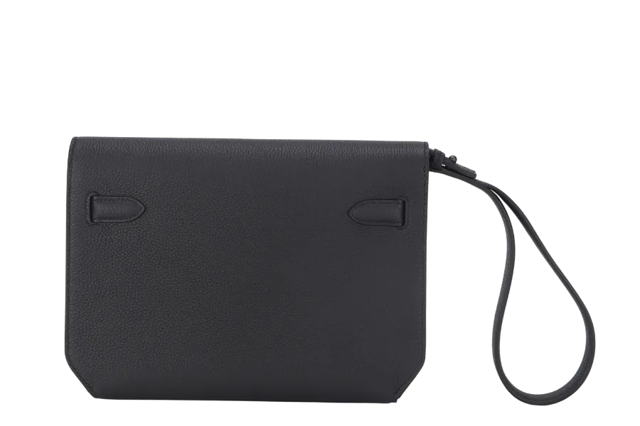 HERMES POCHETTE KELLY DEPECHES 25 (STAMP W) BLACK TOGO BLACK HARDWARE  WITH DUST COVER & BOX