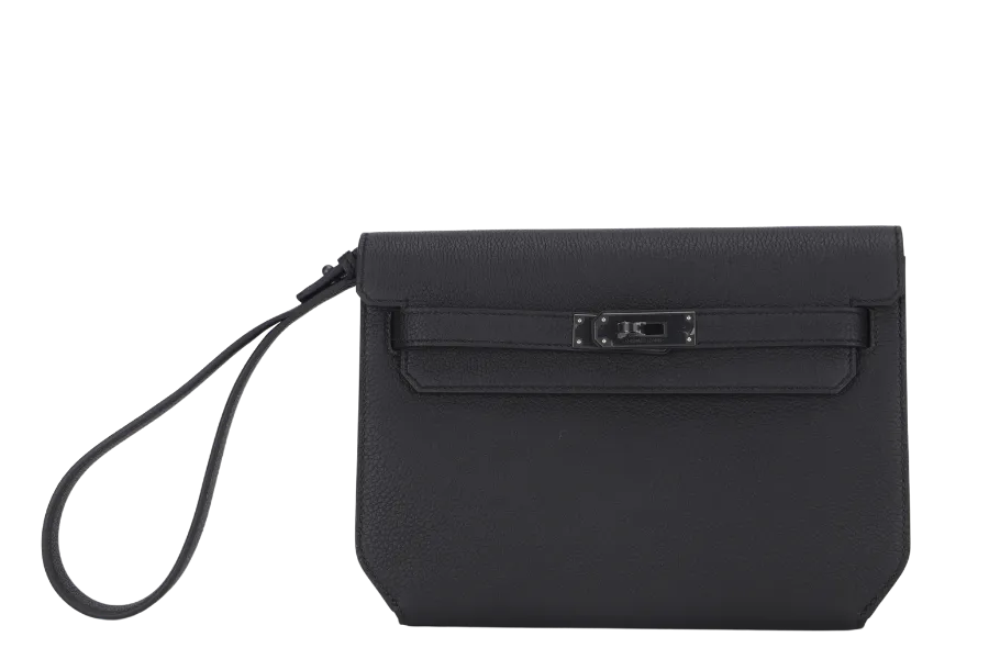 HERMES POCHETTE KELLY DEPECHES 25 (STAMP W) BLACK TOGO BLACK HARDWARE  WITH DUST COVER & BOX