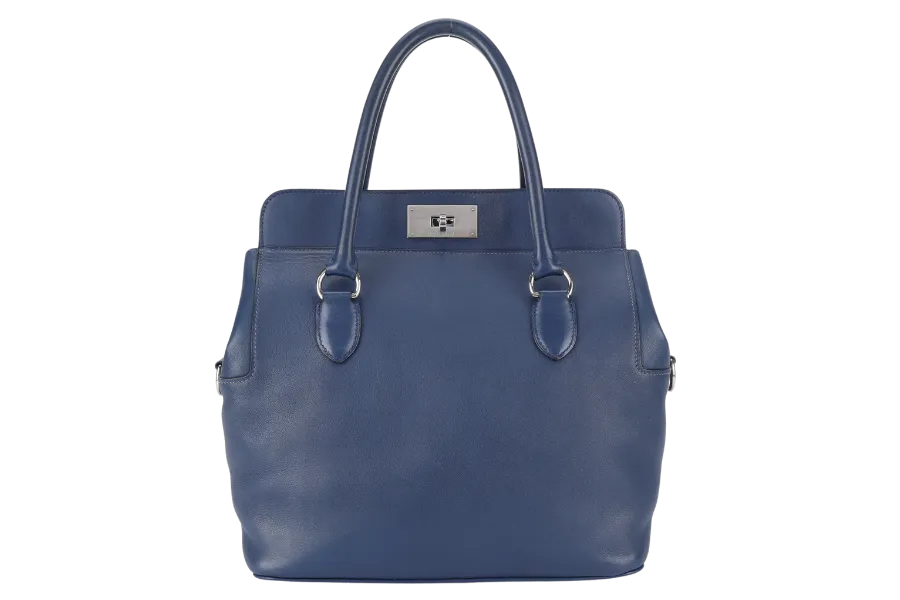 HERMES TOOLBOX 26 BLUE SAPHIRE SWIFT LEATHER STAMP Q (YEAR 2013) SILVER HARDWARE WITH KEYS LOCK , STRAPS AND DUST COVER