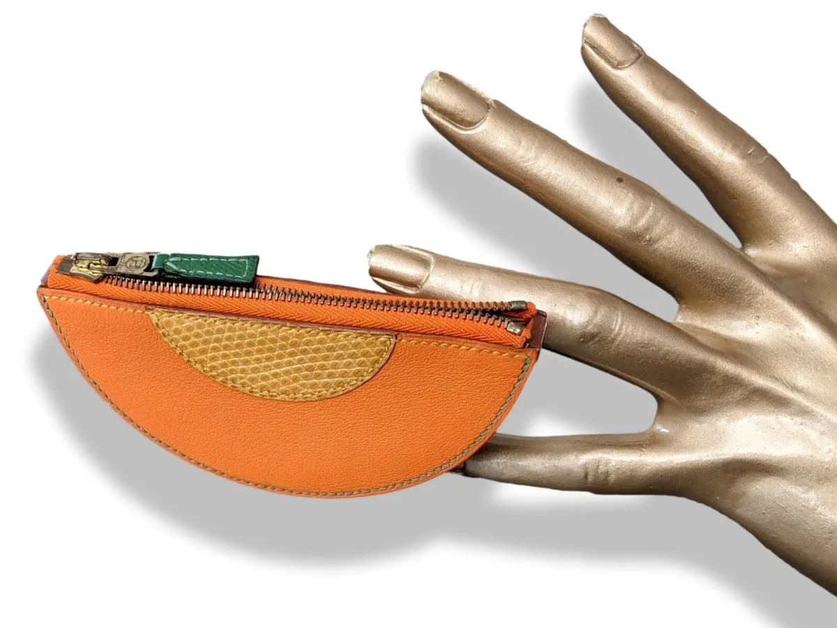 Hermes Vintage Orange Chevre/Mais Lizard MELON Fruit Zipped Wallet Coin Purse