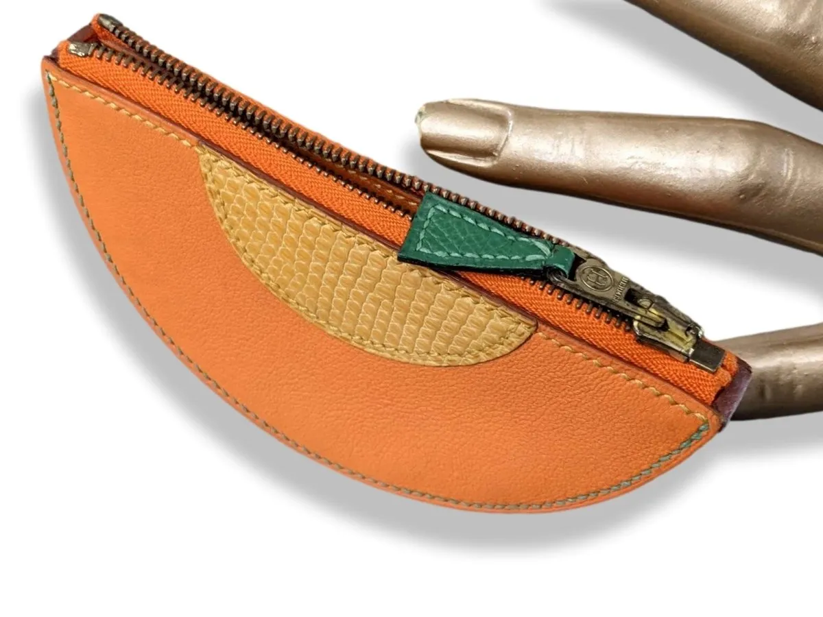 Hermes Vintage Orange Chevre/Mais Lizard MELON Fruit Zipped Wallet Coin Purse