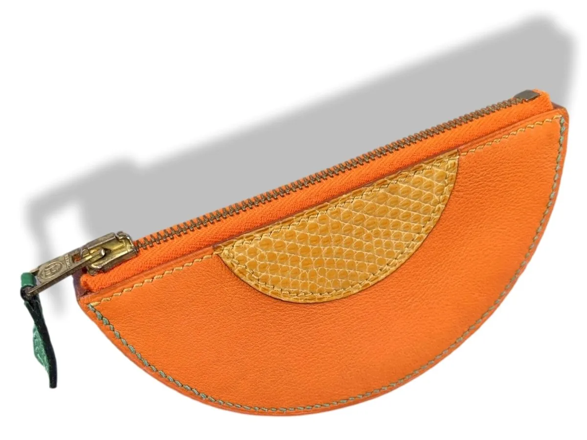 Hermes Vintage Orange Chevre/Mais Lizard MELON Fruit Zipped Wallet Coin Purse