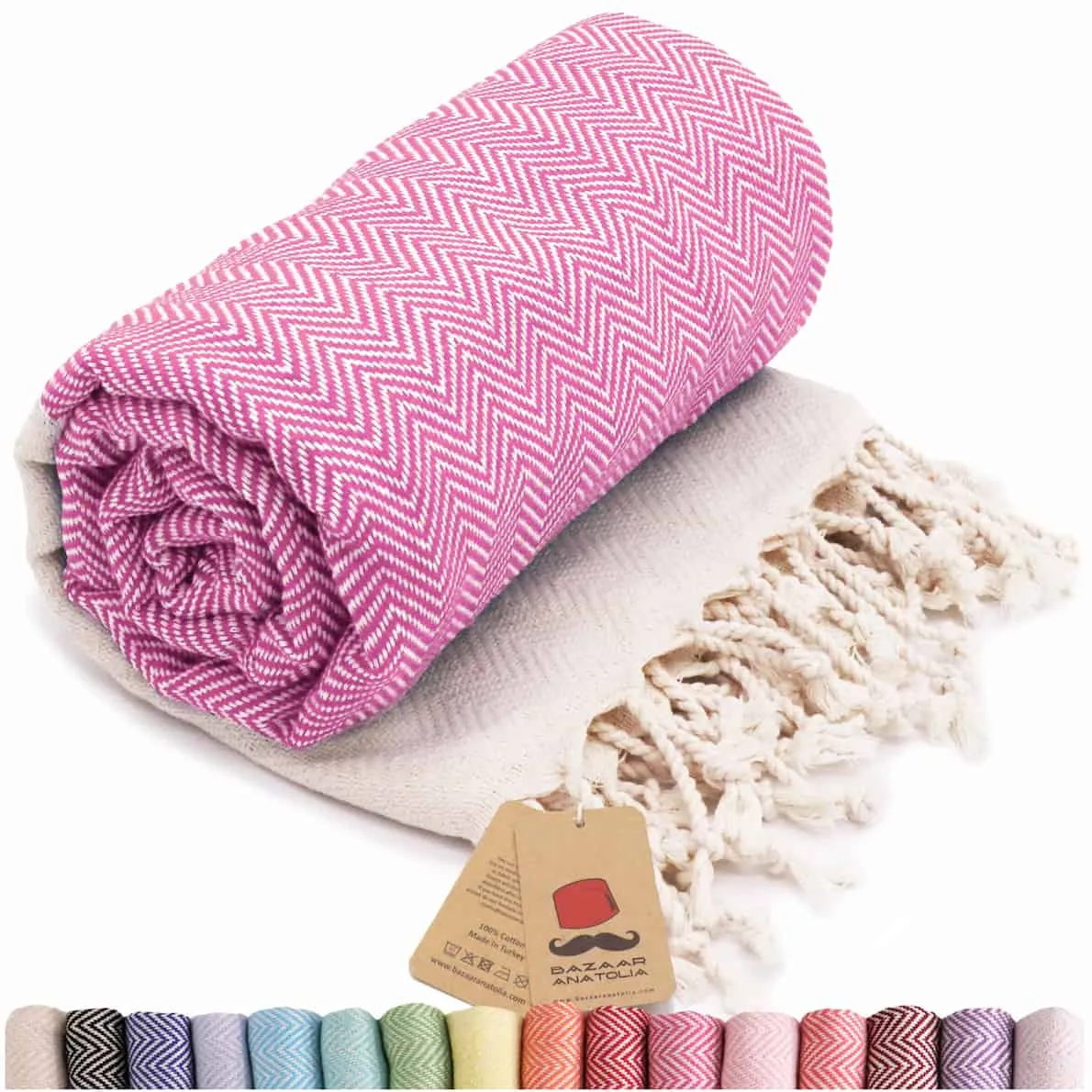 Herringbone Turkish Towel & Peshtemal Beach Towel - Fuscia
