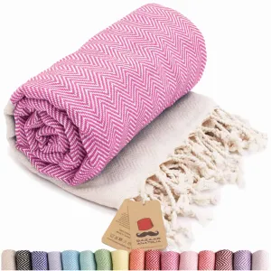 Herringbone Turkish Towel & Peshtemal Beach Towel - Fuscia