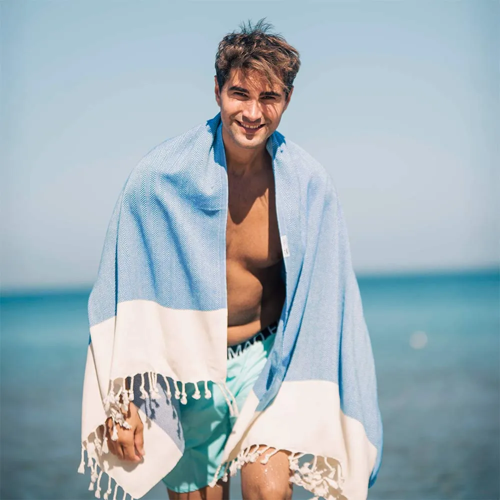 Herringbone Turkish Towel & Peshtemal Beach Towel - Turquoise