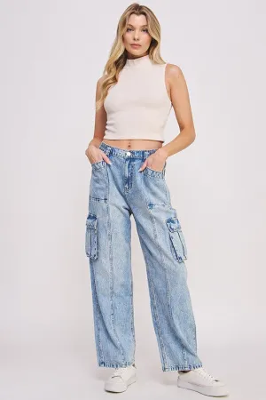 High Waist Baggy Denim Cargo Trousers