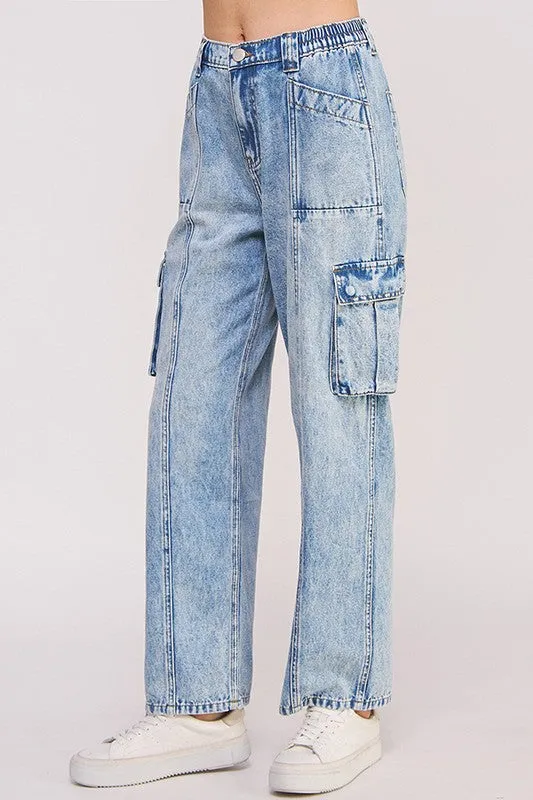 High Waist Baggy Denim Cargo Trousers