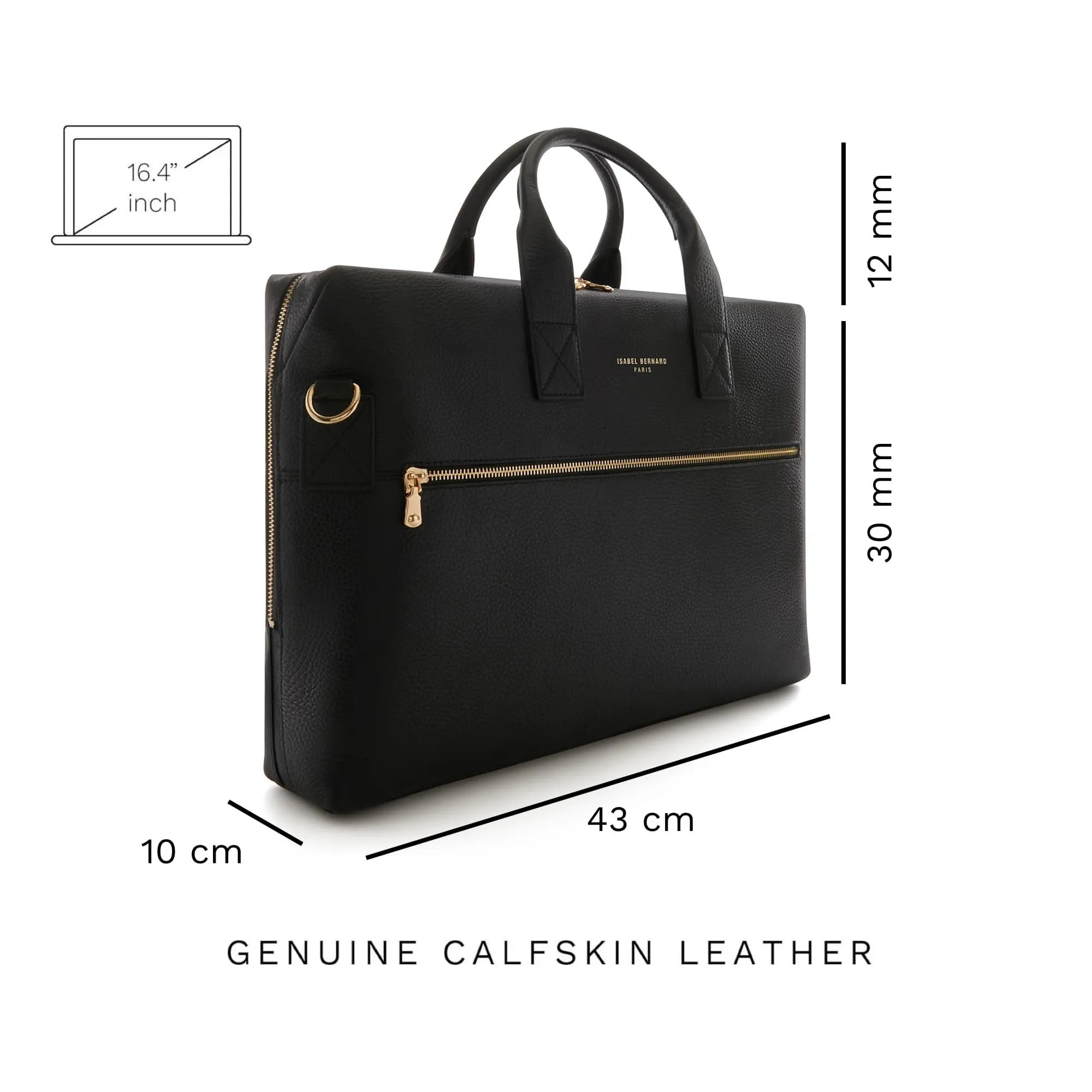 Honoré Anique black calfskin leather handbag with 16.4 inch laptop compartment