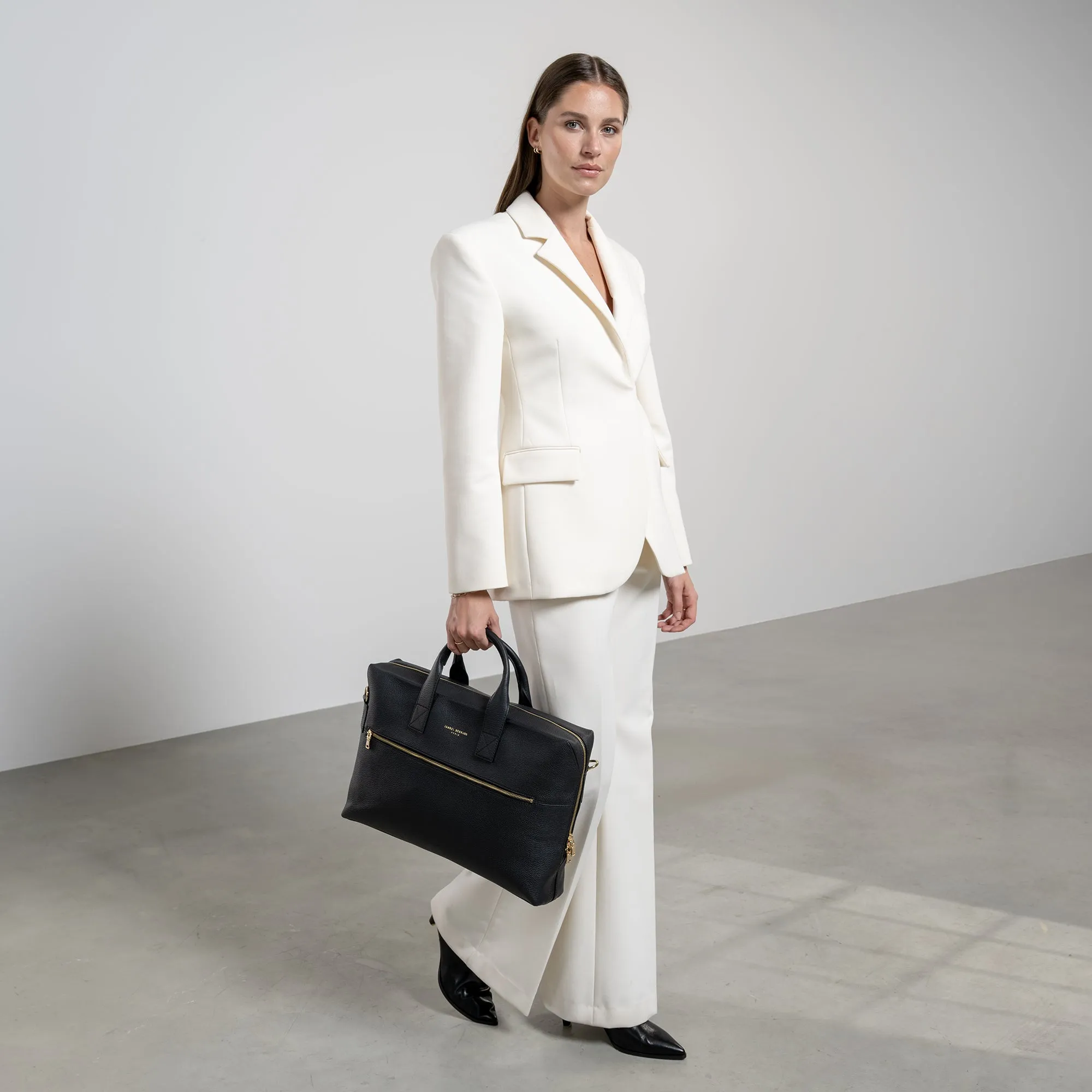 Honoré Anique black calfskin leather handbag with 16.4 inch laptop compartment