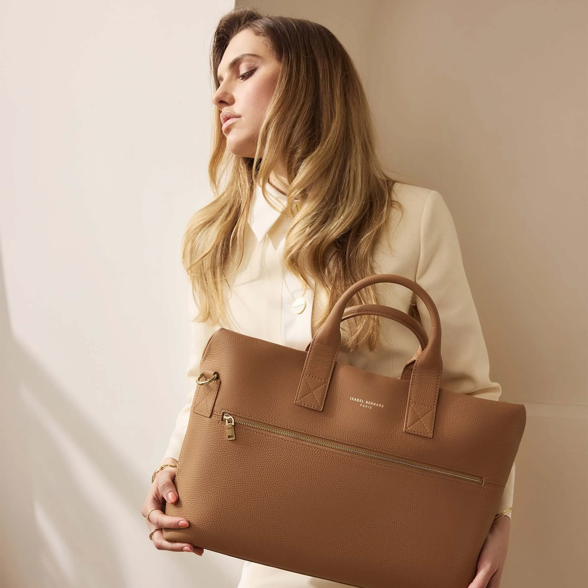Honoré Anique camel calfskin leather handbag with 16.4 inch laptop compartment