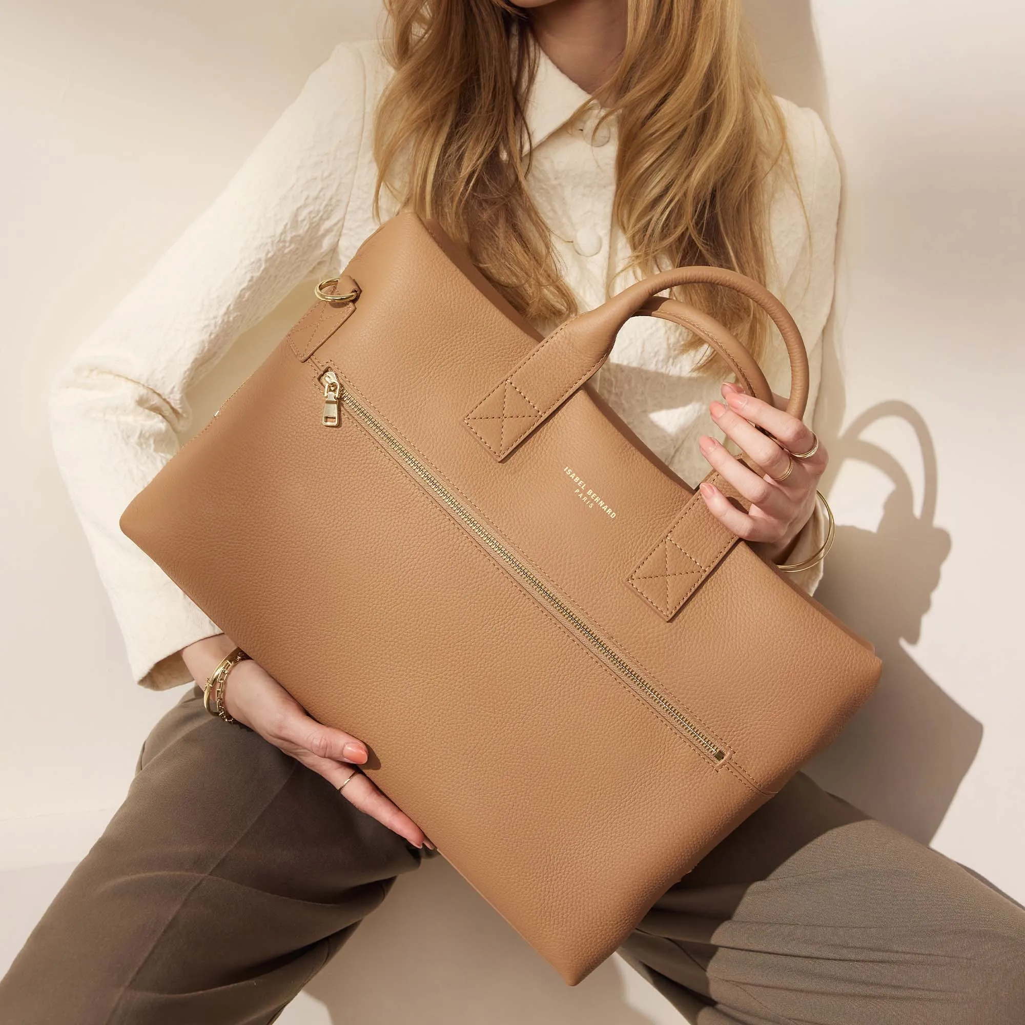 Honoré Anique camel calfskin leather handbag with 16.4 inch laptop compartment