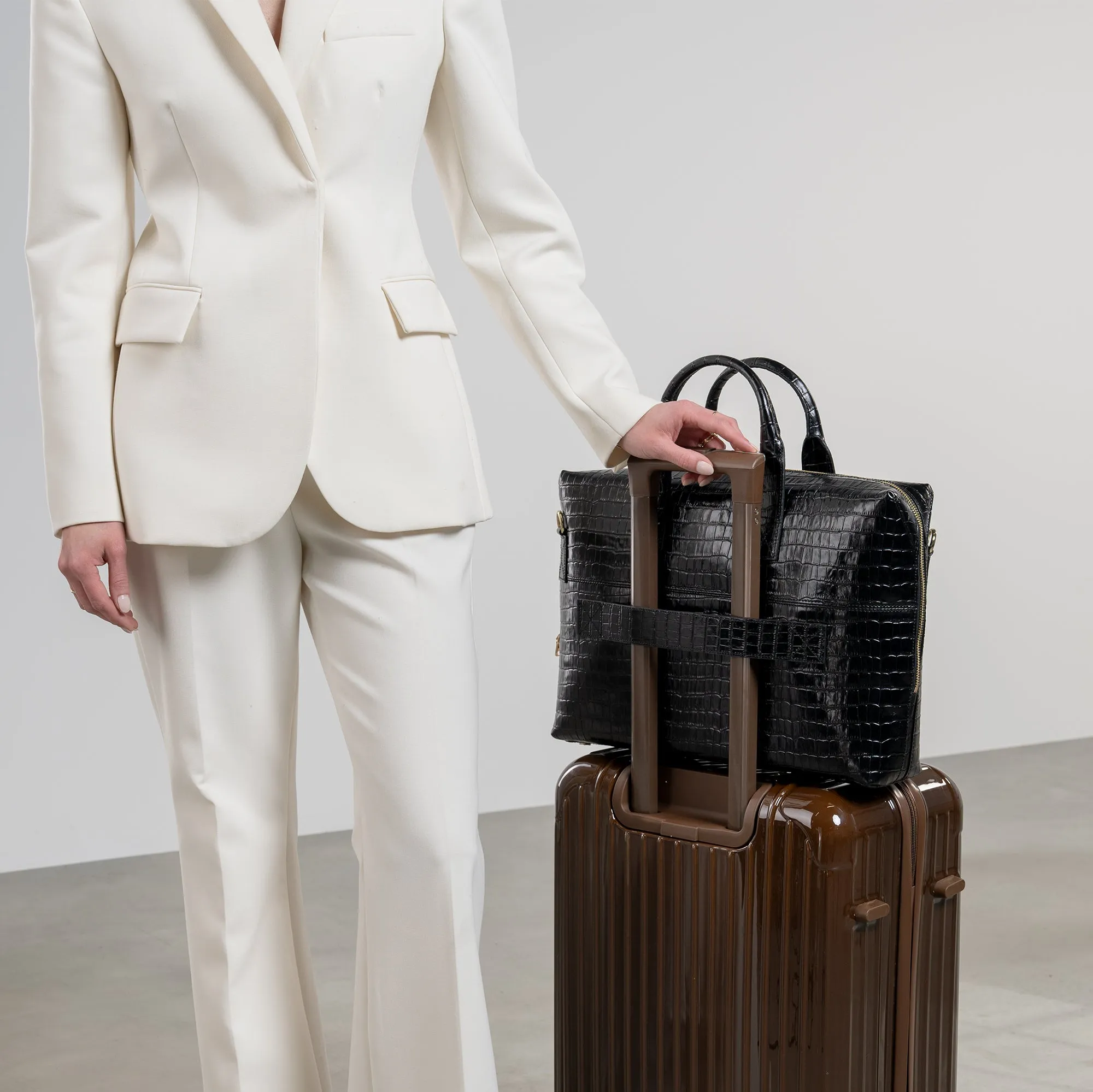 Honoré Anique croco black calfskin leather handbag with 16.4 inch laptop compartment