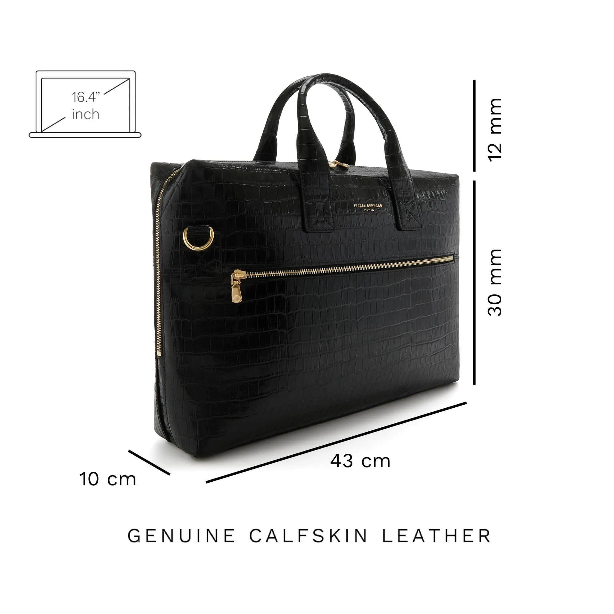 Honoré Anique croco black calfskin leather handbag with 16.4 inch laptop compartment