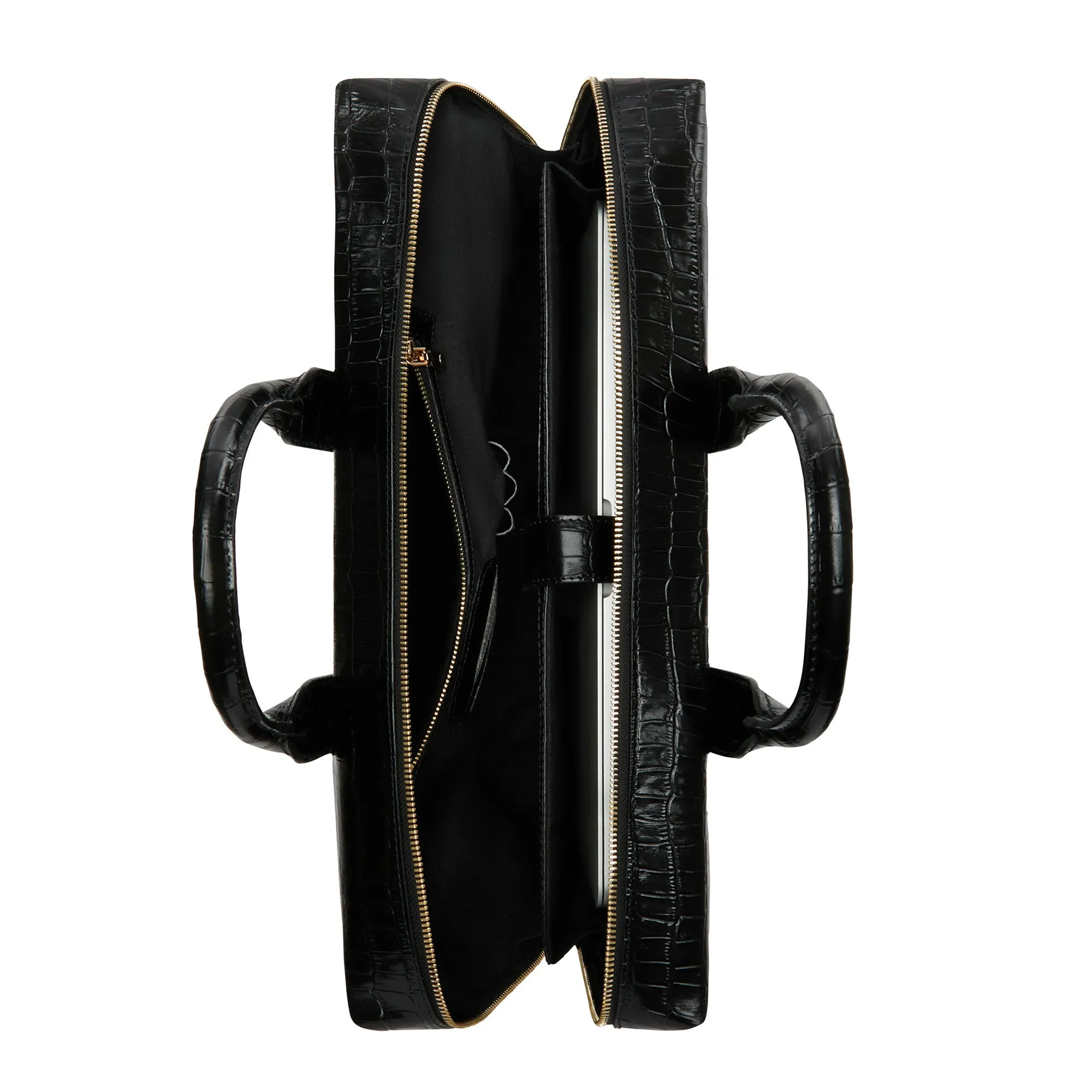 Honoré Anique croco black calfskin leather handbag with 16.4 inch laptop compartment