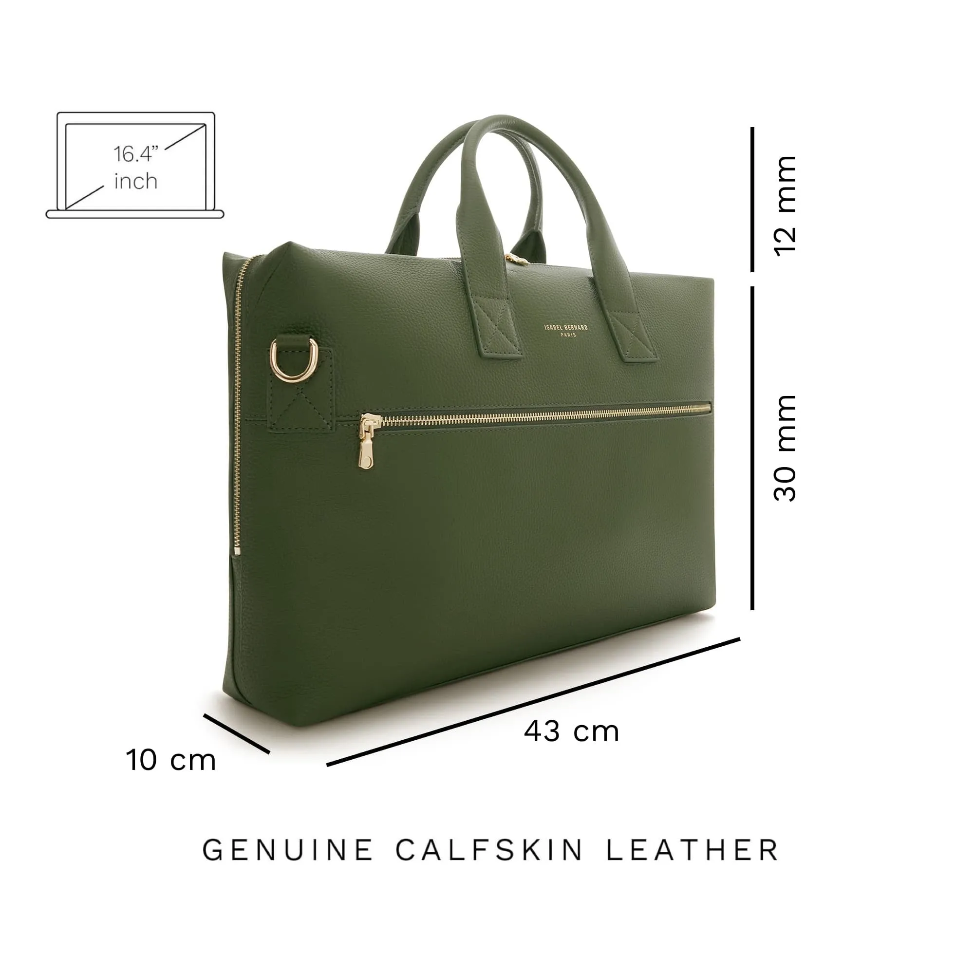Honoré Anique green calfskin leather handbag with 16.4 inch laptop compartment