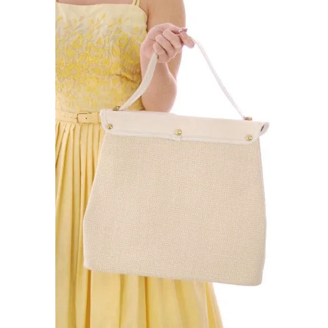 Huge Vintage Purse Ivory Burlap Angel Fish Under The Sea 1950S