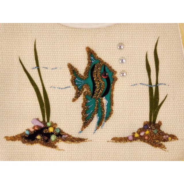 Huge Vintage Purse Ivory Burlap Angel Fish Under The Sea 1950S