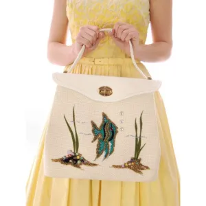 Huge Vintage Purse Ivory Burlap Angel Fish Under The Sea 1950S