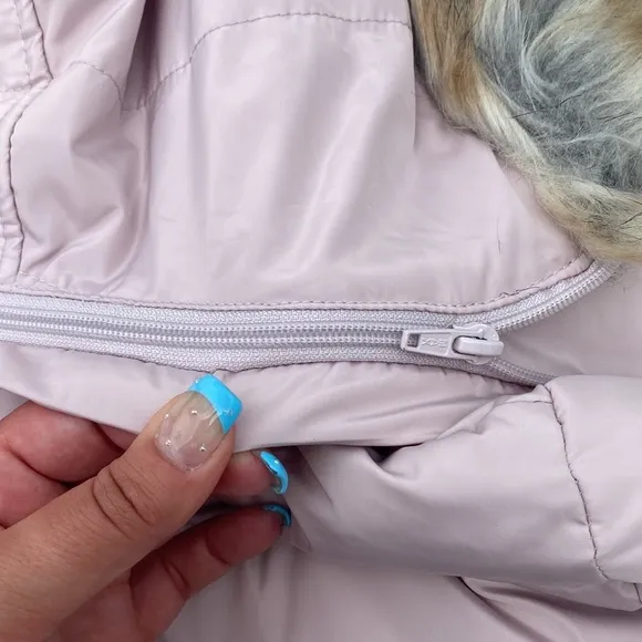 INC midi pink puffer jacket with removable fur hood
