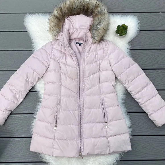 INC midi pink puffer jacket with removable fur hood