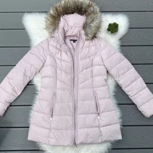 INC midi pink puffer jacket with removable fur hood