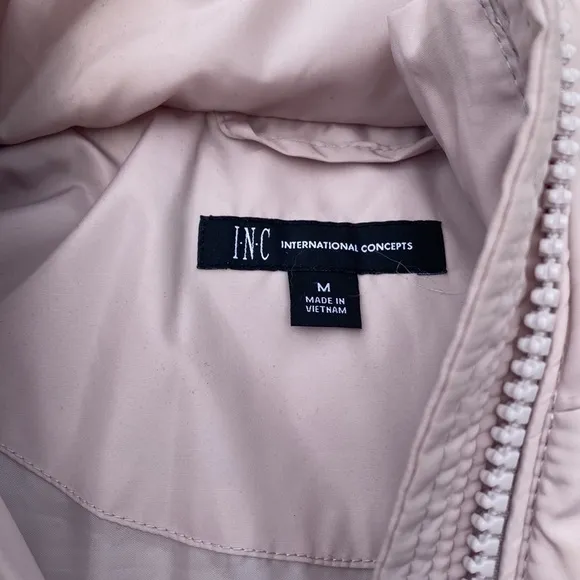 INC midi pink puffer jacket with removable fur hood