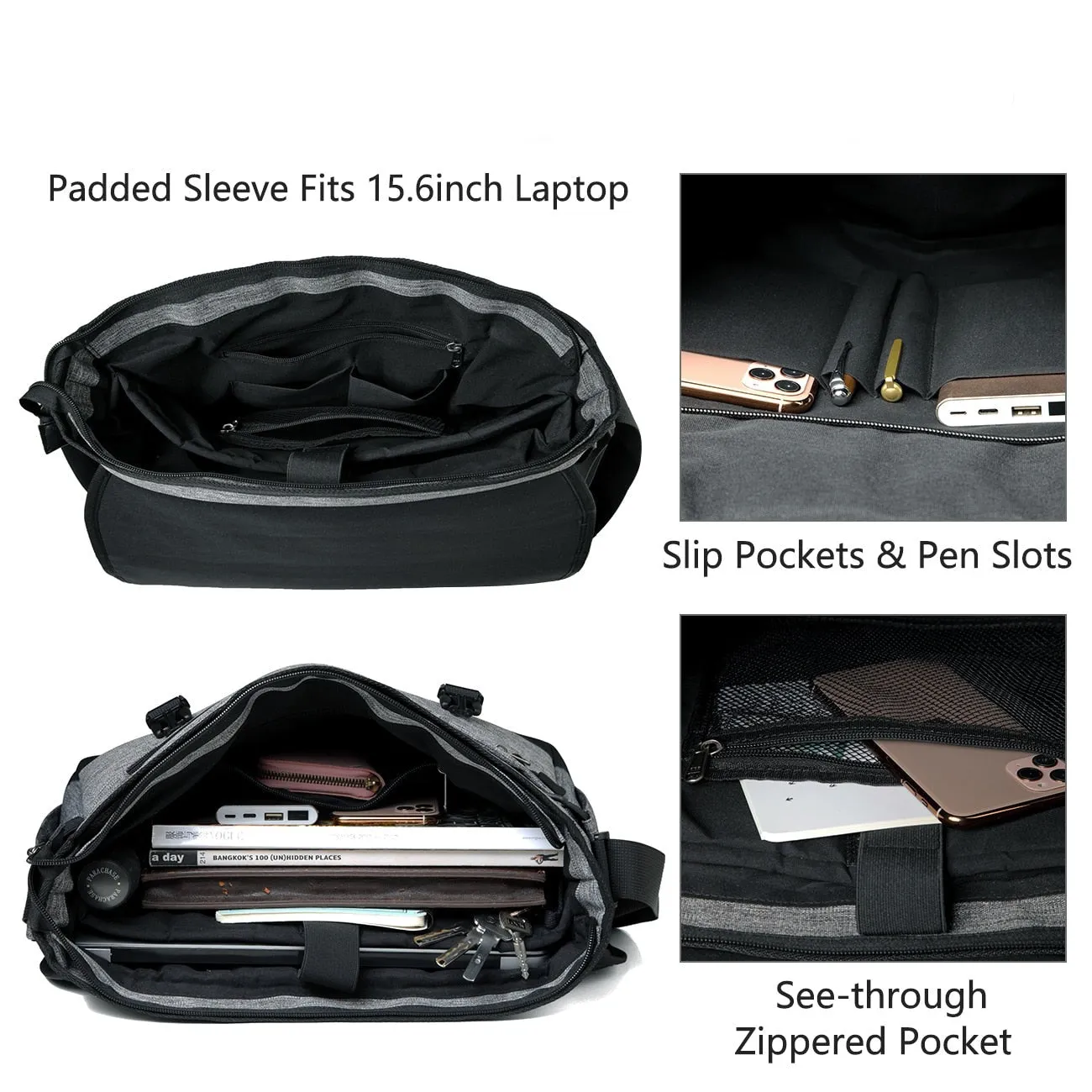 Laptop Carrying Bag Messenger Bag Shoulder Bag, Black/Gray, 15 inches
