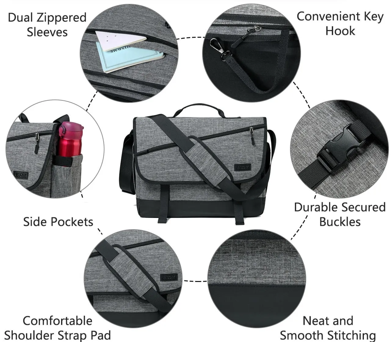Laptop Carrying Bag Messenger Bag Shoulder Bag, Black/Gray, 15 inches