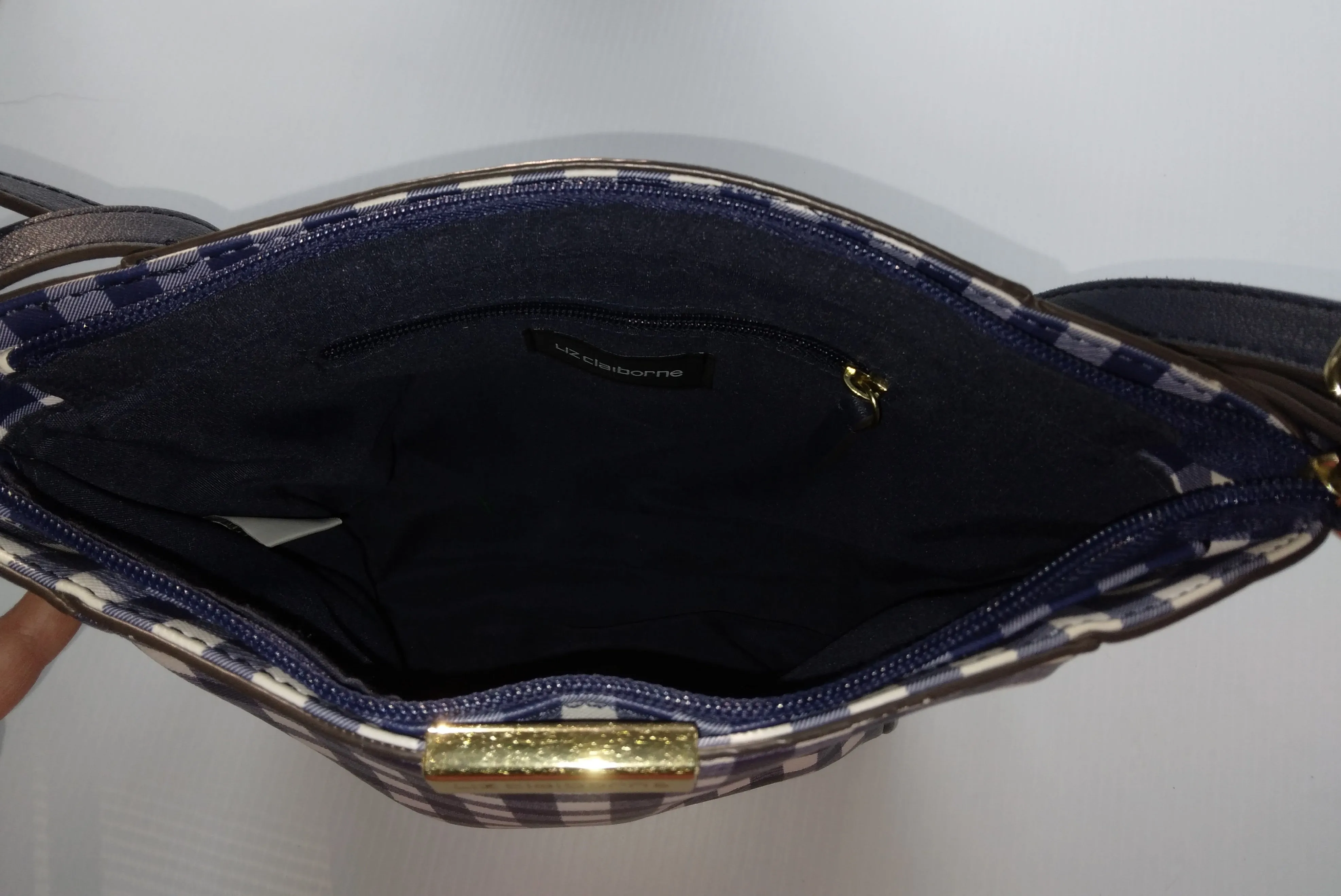 Liz Claiborne Navy Blue & White Gingham Check Plaid Purse