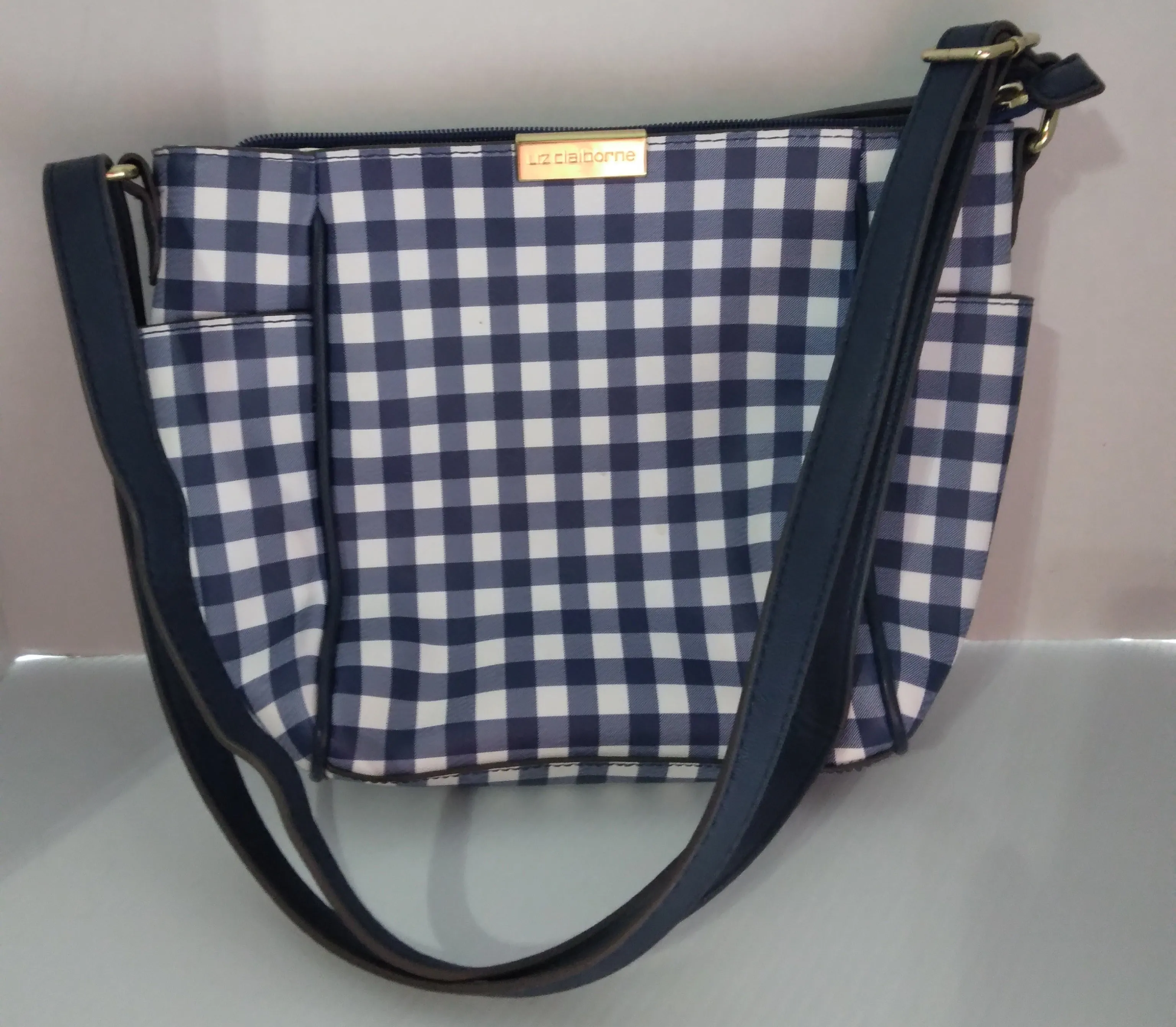 Liz Claiborne Navy Blue & White Gingham Check Plaid Purse