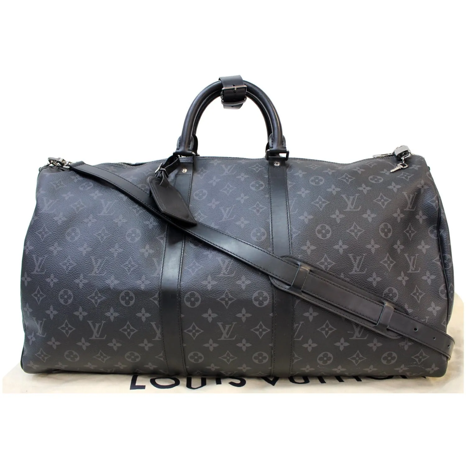 LOUIS VUITTON Keepall 55 Bandouliere Monogram Eclipse Travel Bag Black