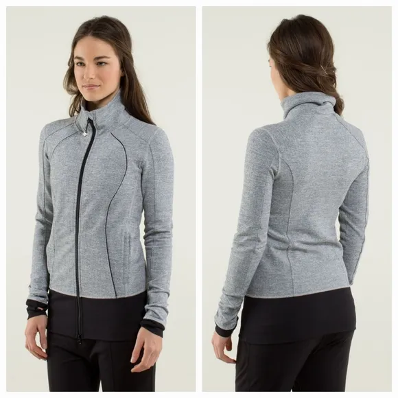 Lululemon Nice Asana Jacket Herringbone Heathered Grey Black Stretch Size 10