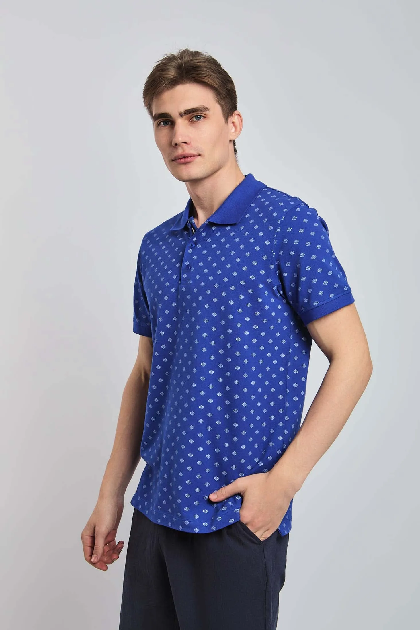 Men Polo Cotton Printed Regular Fit Navy