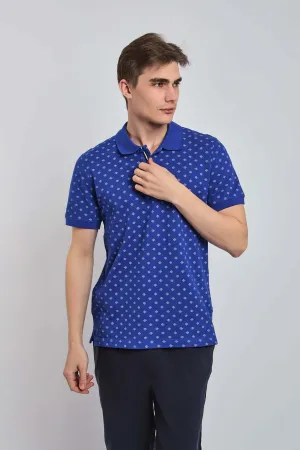 Men Polo Cotton Printed Regular Fit Navy