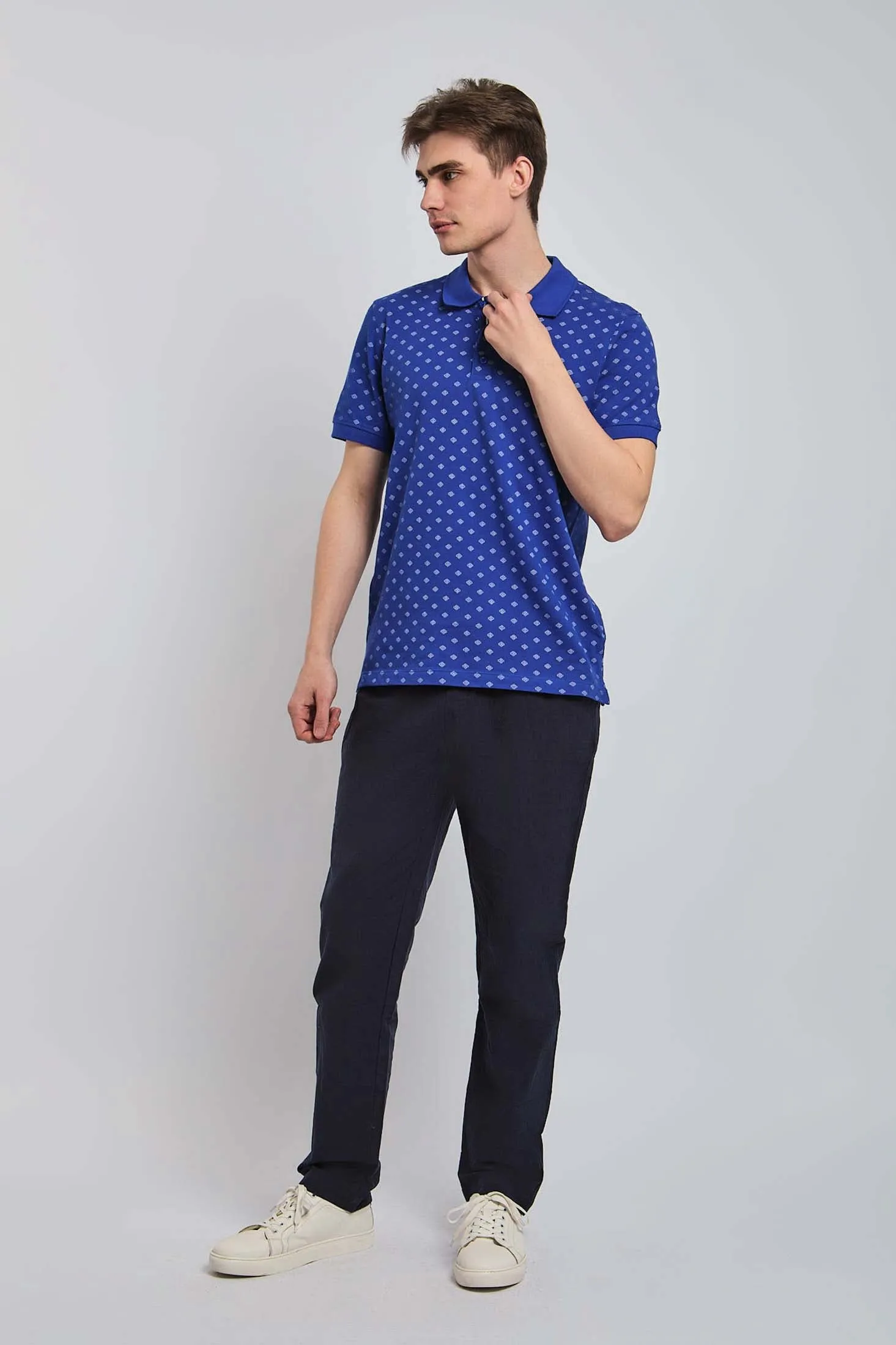 Men Polo Cotton Printed Regular Fit Navy