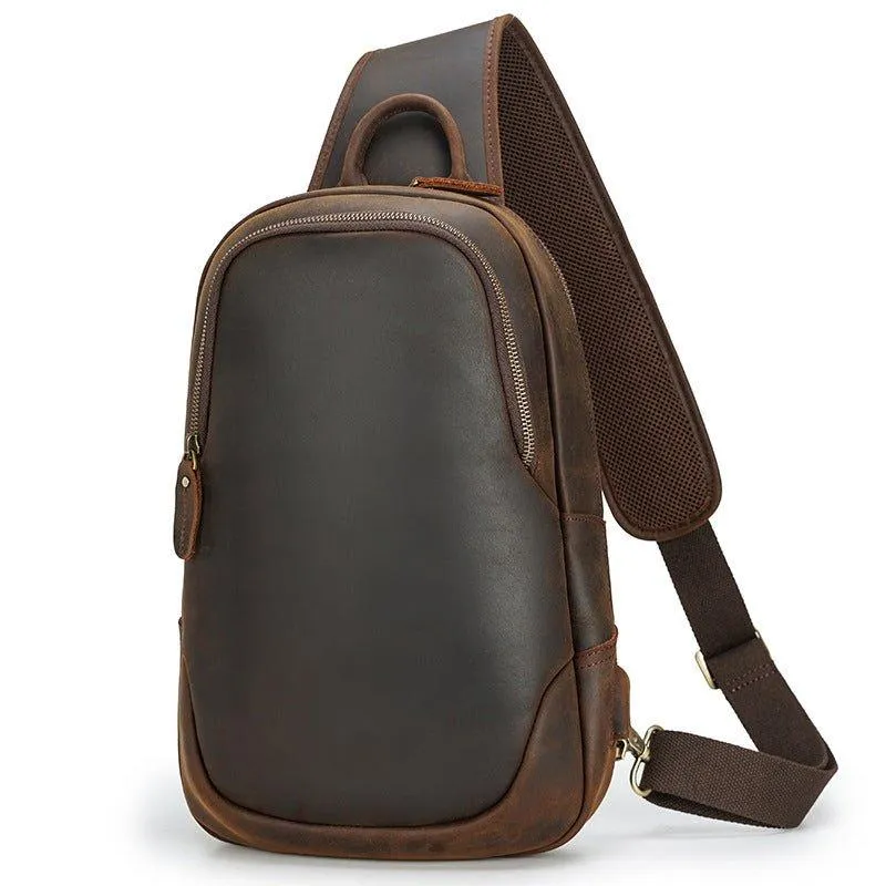 Men's Leather Sling Chest Pack with USB Port