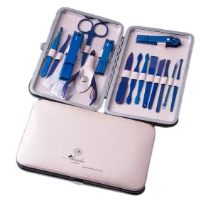 Metallic Blue Chrome wiith Black Matte Mens Manicure Pedicure Kit - 15 piece Grooming Kit with travel Case