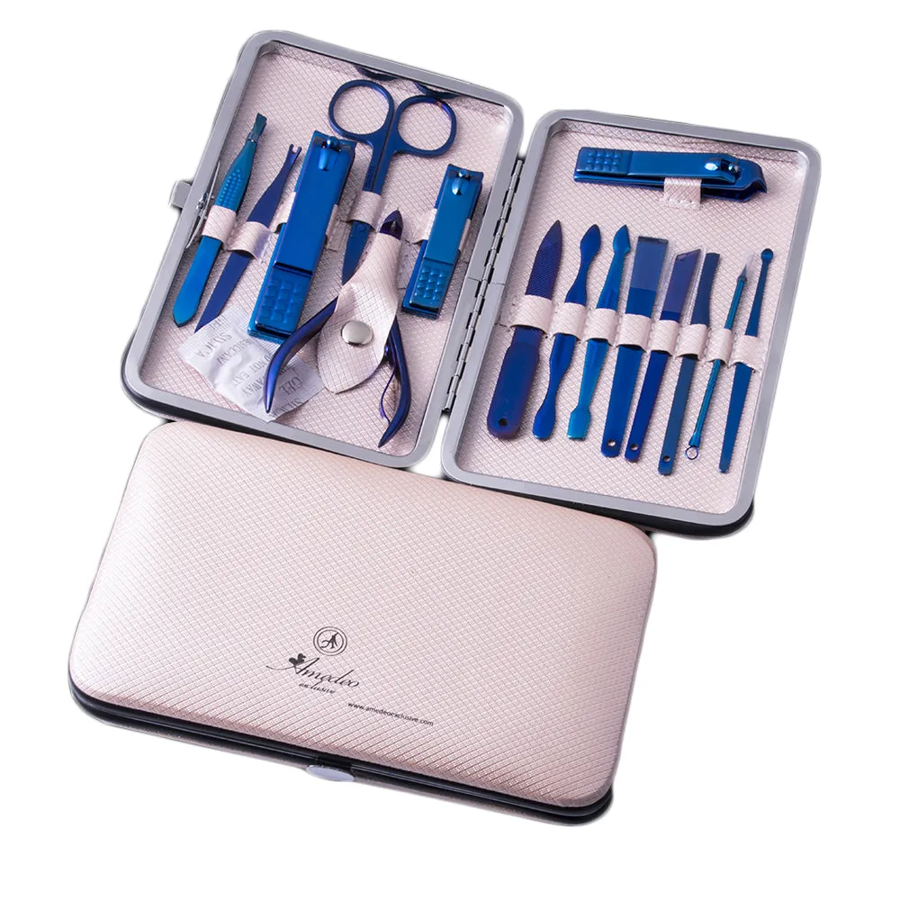 Metallic Blue Chrome wiith Black Matte Mens Manicure Pedicure Kit - 15 piece Grooming Kit with travel Case