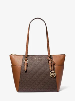 Micheal Kors Charlotte Large Logo and Leather Top-Zip Tote Bag Brown