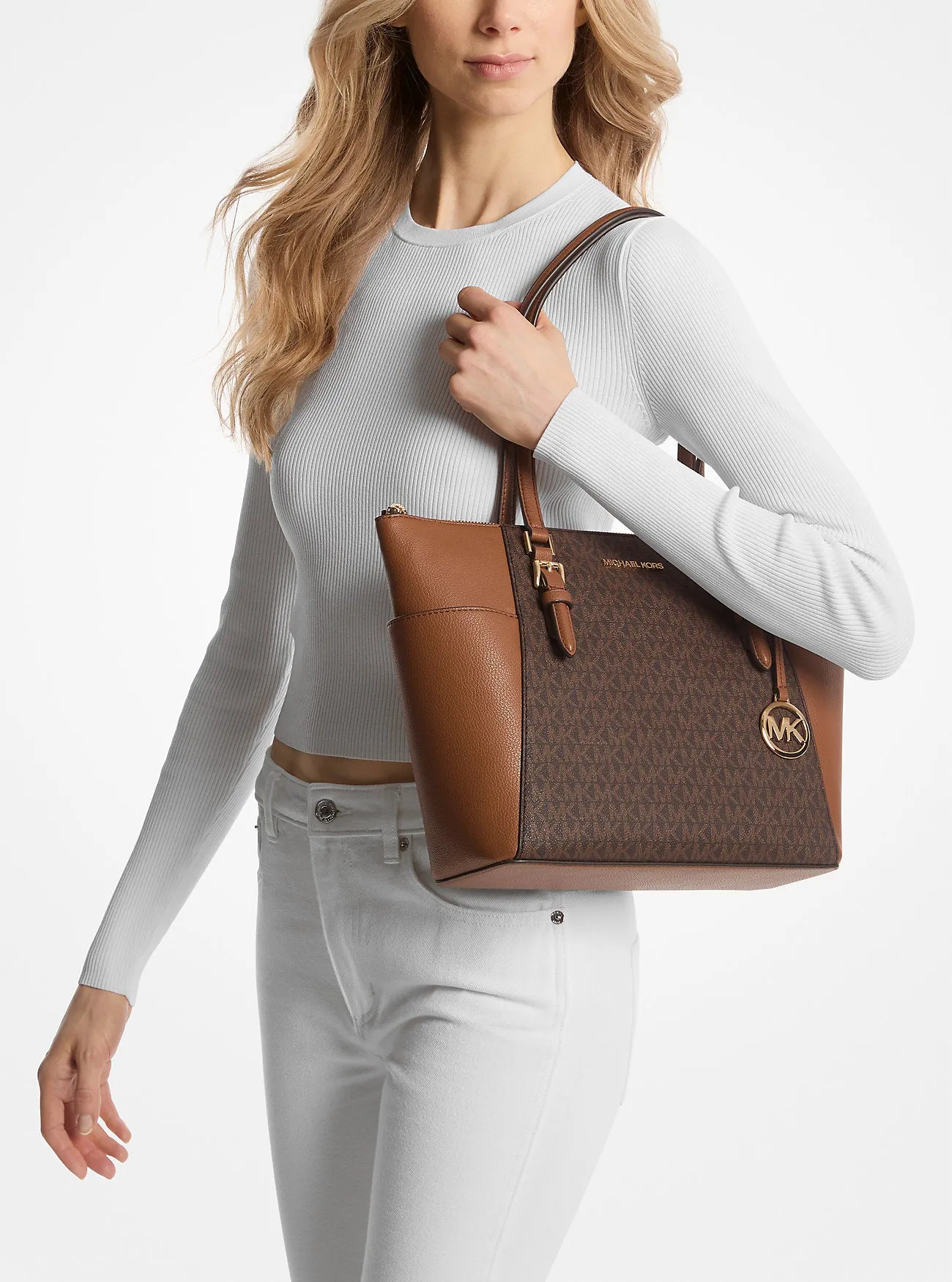Micheal Kors Charlotte Large Logo and Leather Top-Zip Tote Bag Brown