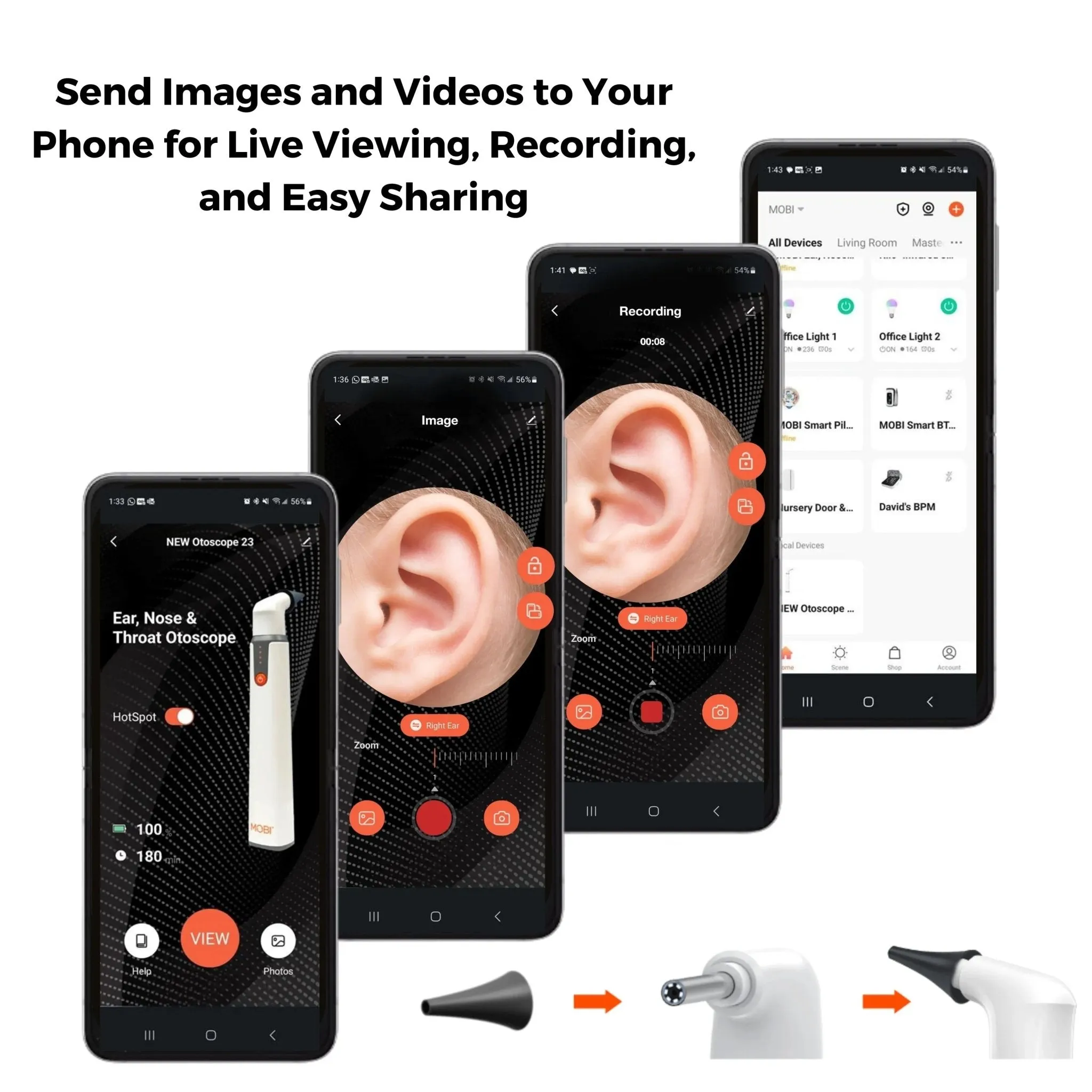 MOBI Ear, Nose & Throat Smart Otoscope Jr. HD Camera-1080P HD Lens, Multi-Axis Gyroscope, 6 LED Lights, 90  Min Use,
