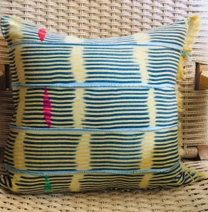Mud Cloth Yellow   Sky Stripe Pillow 16”