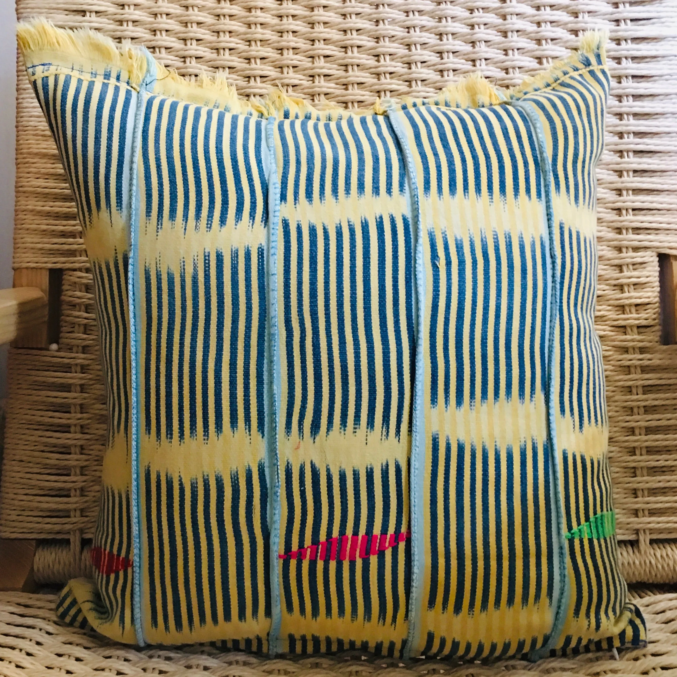 Mud Cloth Yellow   Sky Stripe Pillow 16”