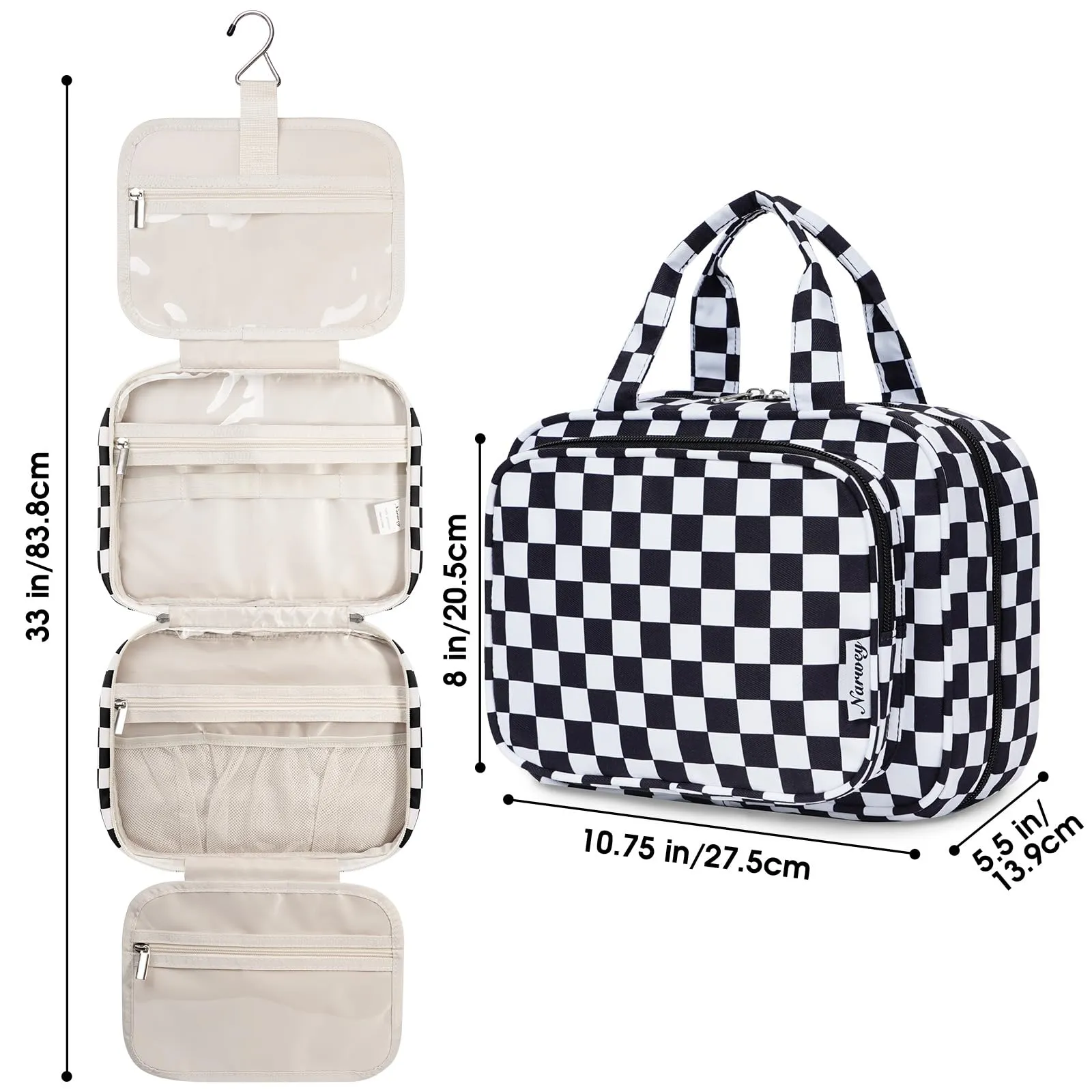 Narwey Hanging Toiletry Bag for Women Travel Makeup Bag Organizer Toiletries Bag for Travel Size Essentials Accessories Cosmetics (Black Checkerboard (Medium))