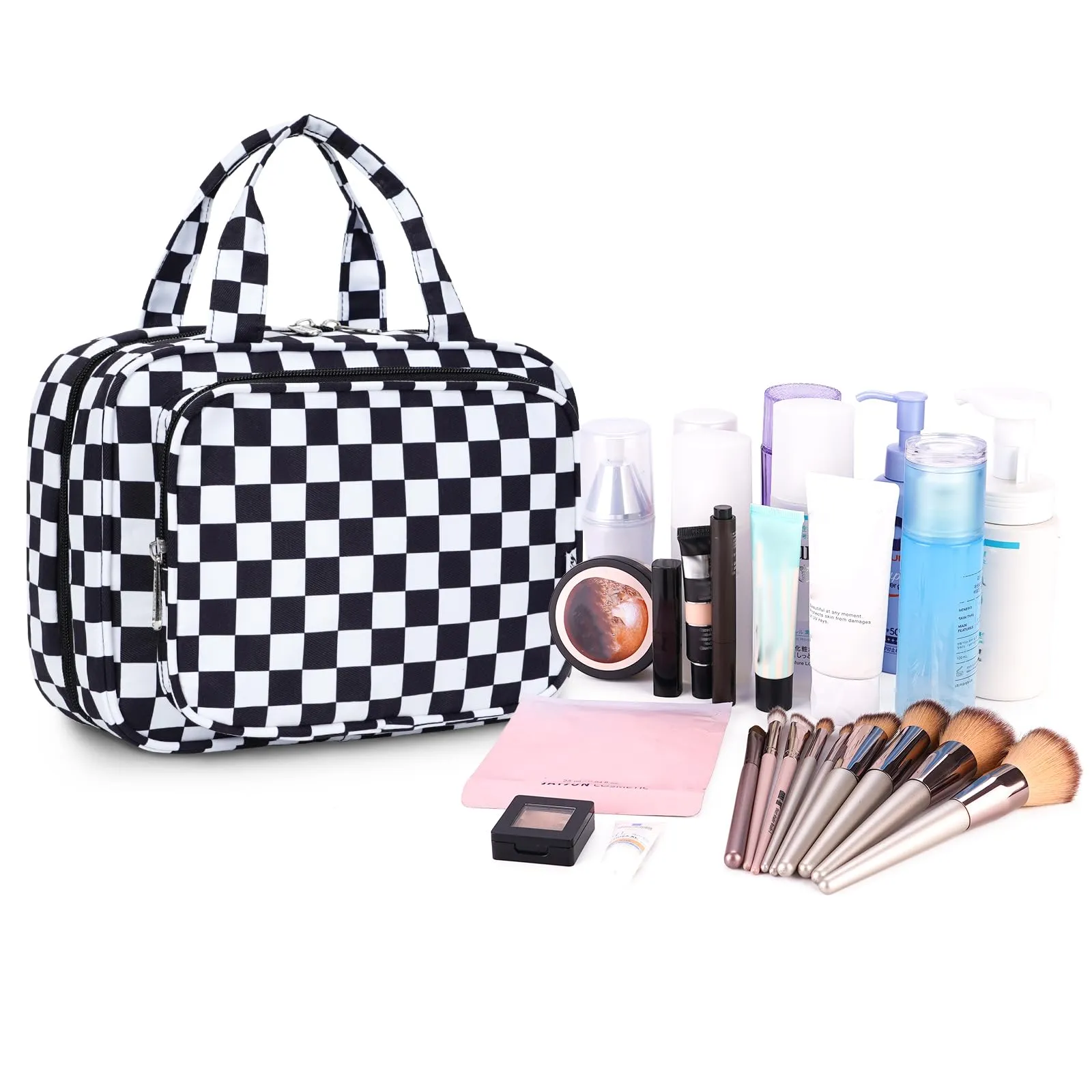 Narwey Hanging Toiletry Bag for Women Travel Makeup Bag Organizer Toiletries Bag for Travel Size Essentials Accessories Cosmetics (Black Checkerboard (Medium))