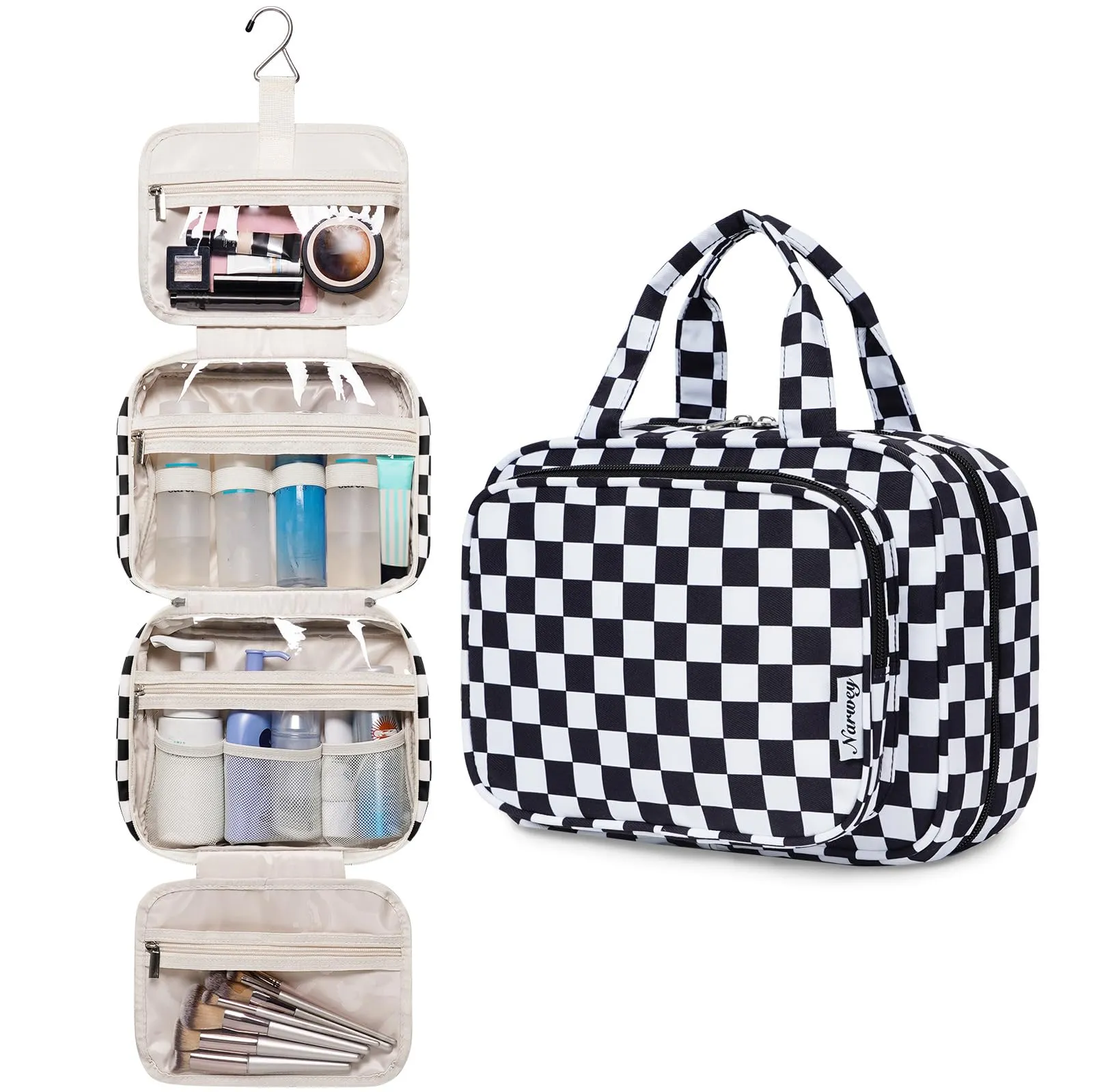 Narwey Hanging Toiletry Bag for Women Travel Makeup Bag Organizer Toiletries Bag for Travel Size Essentials Accessories Cosmetics (Black Checkerboard (Medium))