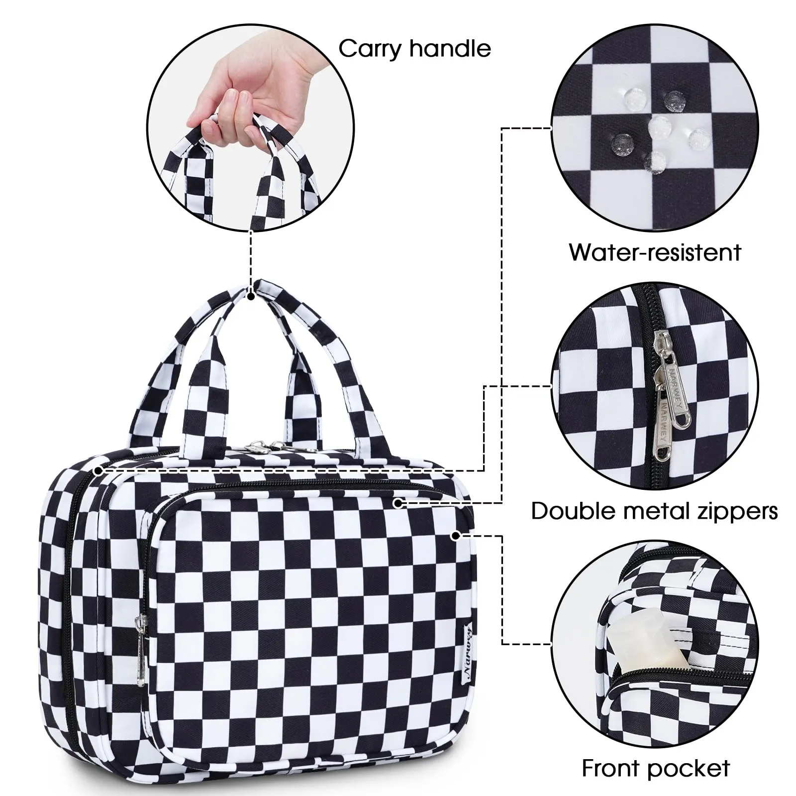 Narwey Hanging Toiletry Bag for Women Travel Makeup Bag Organizer Toiletries Bag for Travel Size Essentials Accessories Cosmetics (Black Checkerboard (Medium))