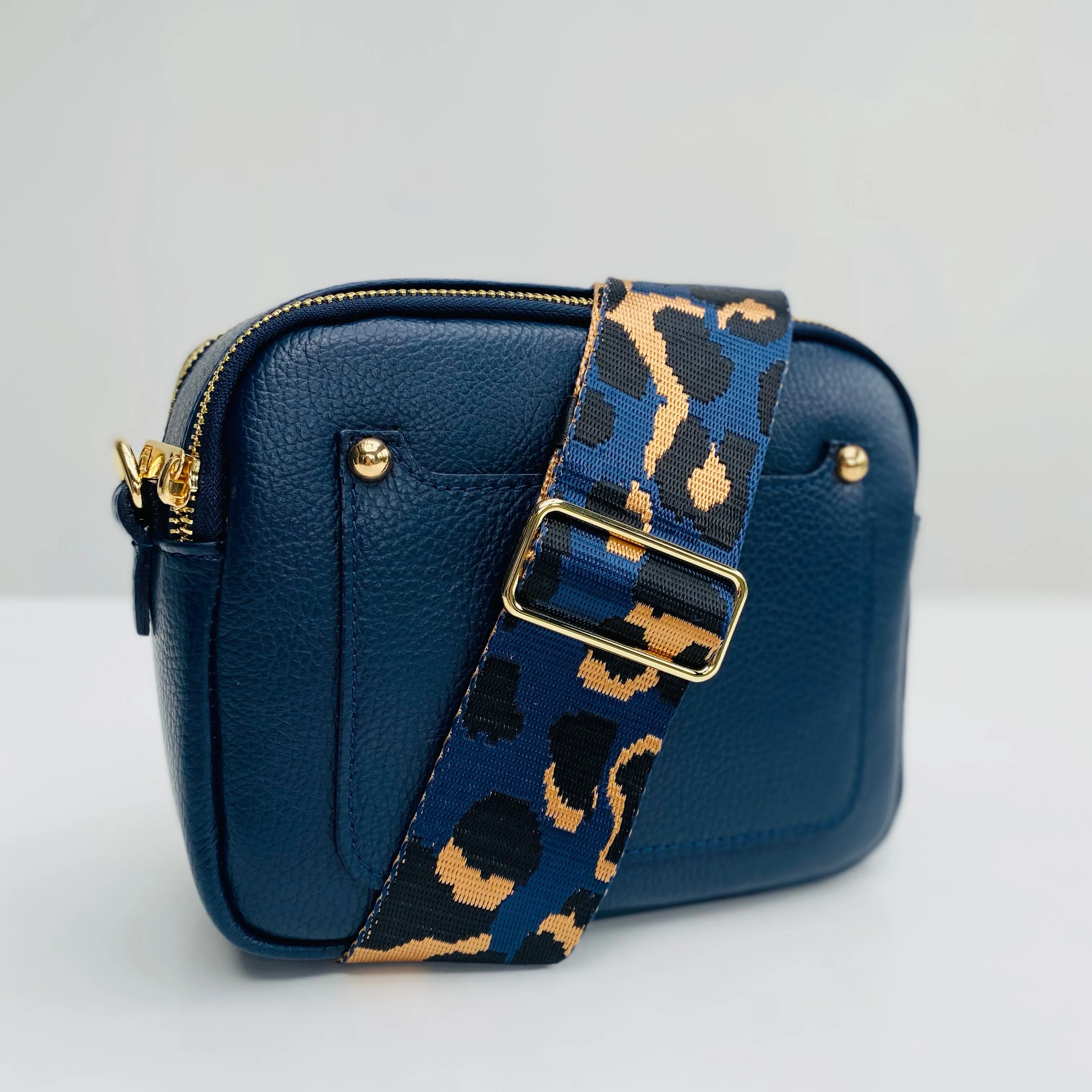 Navy Leather Double Zip Cross Body Bag