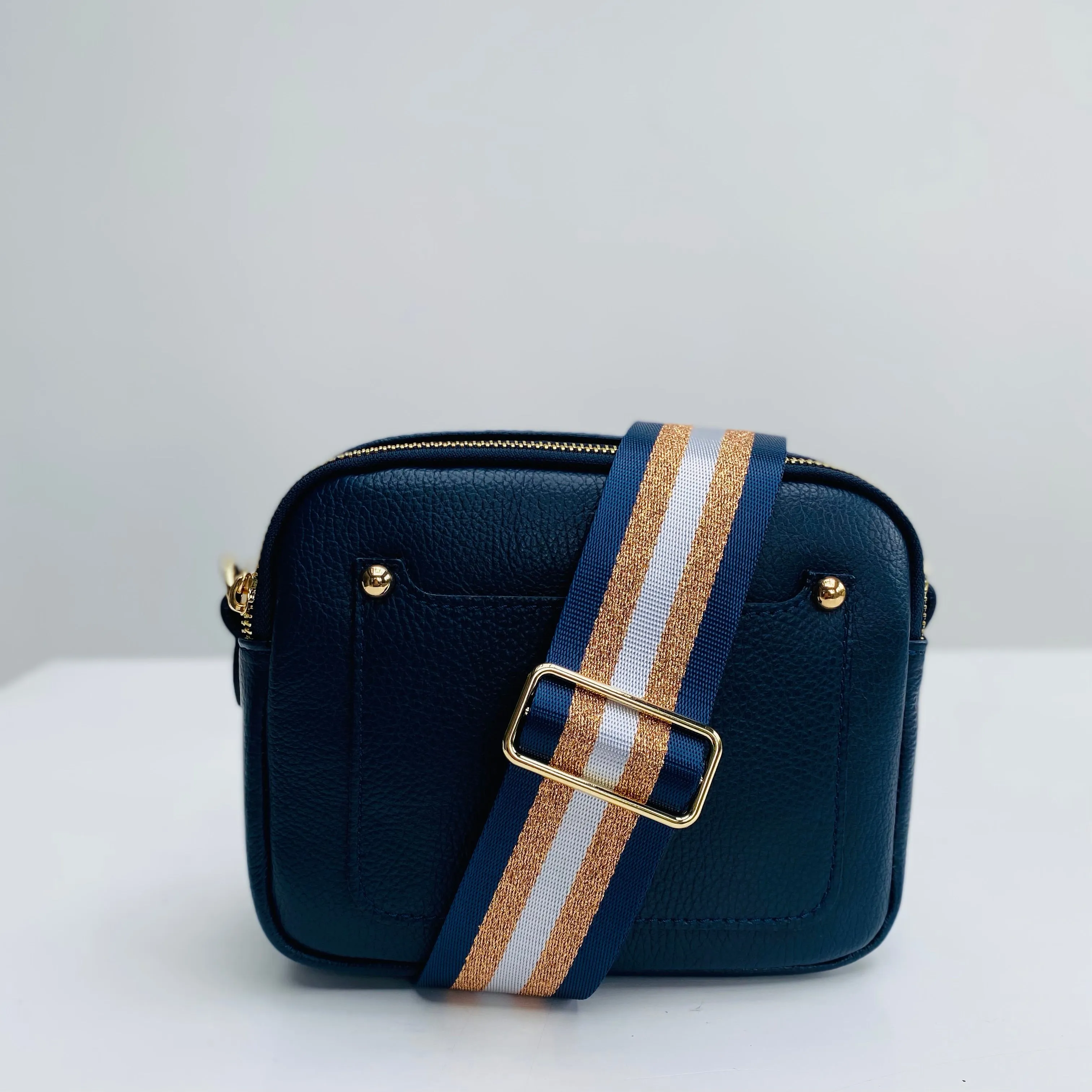 Navy Leather Double Zip Cross Body Bag