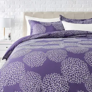 New AmazonBasics Light-Weight Microfiber Duvet Cover Set with Zipper Closure - King, Purple Floral, Reverses to solid purple!